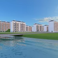 Modern High Rise Residential Buildings With Green Lawn And Water Pond Scenery