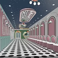 Vibrant Themed Interior With Polka Dot Floor Striped Columns And Hanging Lights