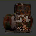 Rusty Oil Barrels And Metal Bucket As Improvised Weapon Display On Wooden Plank