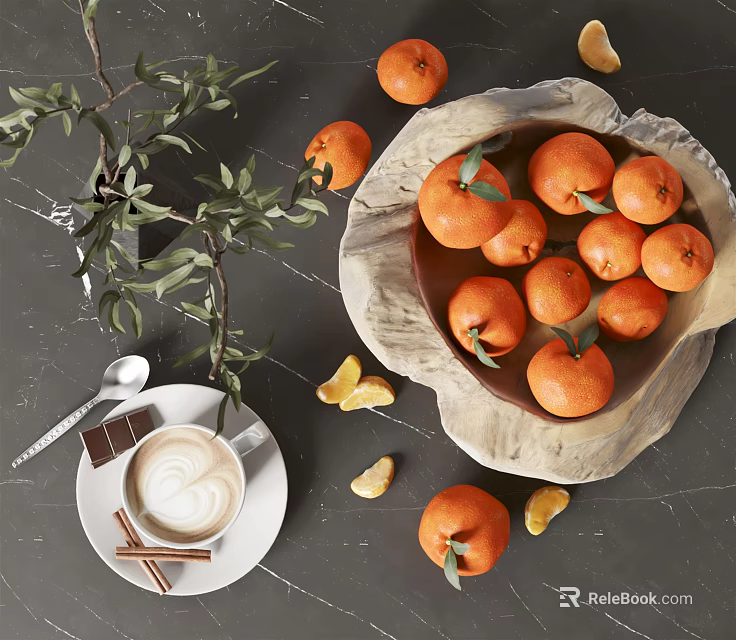 Ceramic Bowl With Fresh Oranges Coffee And Cinnamon Sticks On Dark Tabletop With Green Leaves 3d model 