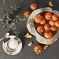 Ceramic Bowl With Fresh Oranges Coffee And Cinnamon Sticks On Dark Tabletop With Green Leaves