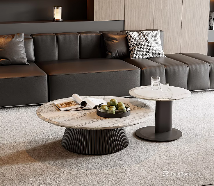 Round Coffee Tables With Marble Top Black Bases Magazine Fruit And Glass In Living Room 3d model 