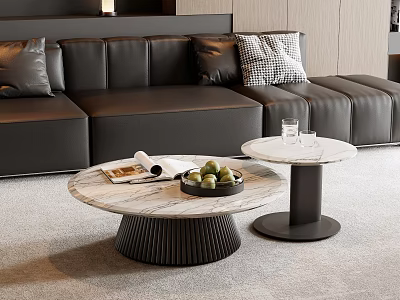 Round Coffee Tables With Marble Top Black Bases Magazine Fruit And Glass In Living Room 3d model