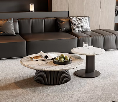 Round Coffee Tables With Marble Top Black Bases Magazine Fruit And Glass In Living Room 3d model