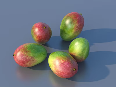 Five Fresh Ripe Mangoes With Red And Green Skin On Gray Background 3d model