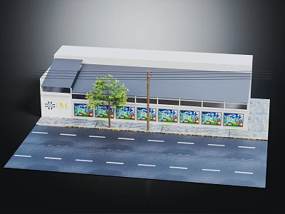 Simple Modern Street Side Storefront Building Model With Road Display Windows Tree And Utility Pole 3d model