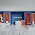 Stylish Fashion Clothing Store With Blue Orange Walls Arched Doorway And Plaid Dress Mannequin