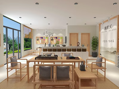 New Chinese Style Tea Shop Interior With Wooden Tea Tables Chairs And Traditional Decorations 3d model