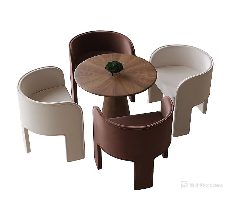 Four Modern Accent Chairs With Round Wooden Table And Small Potted Plant 3d model 