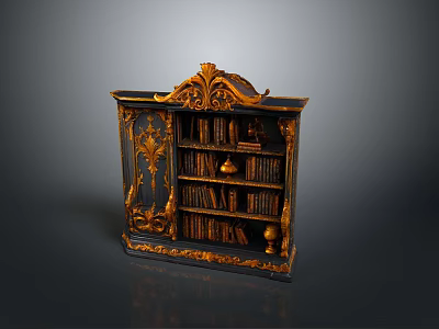 Ornate Antique Bookcase With Black Finish Golden Carvings And Shelved Books 3d model