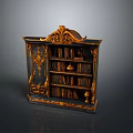 Ornate Antique Bookcase With Black Finish Golden Carvings And Shelved Books