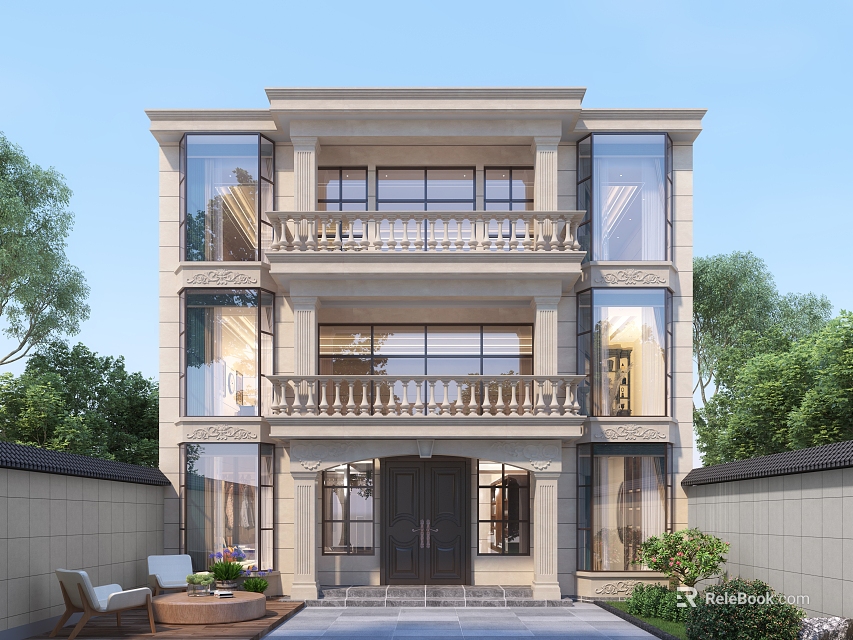 Modern Detached Villa Exterior Design Featuring Large Glass Windows Balconies And Garden Greenery 3d model 