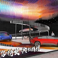 Modern Exhibition Booth With Colorful Hanging Light Decorations Red Car Display Tables Chairs And Green Plants