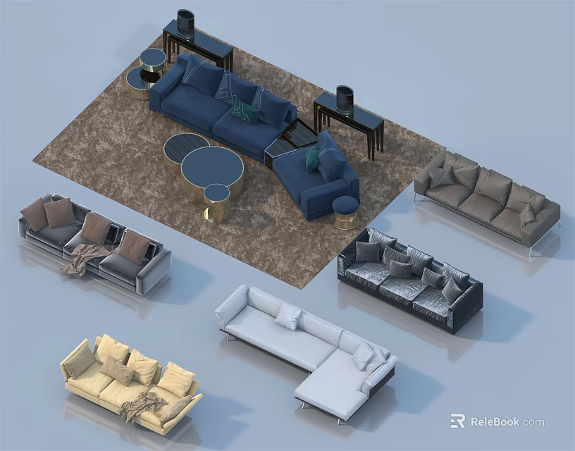 Various Color Sofa Set Combinations With Coffee Tables Side Tables And Rugs 3d model