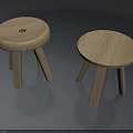 Two Round Wooden Stools With Natural Wood Texture And Solid Legs Design 3d model