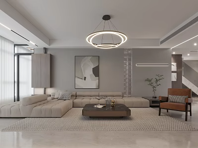 Modern Living Dining Room Interior With Light Beige Sofa Circular Pendant Light And Coffee Table 3d model