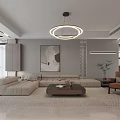 Modern Living Dining Room Interior With Light Beige Sofa Circular Pendant Light And Coffee Table