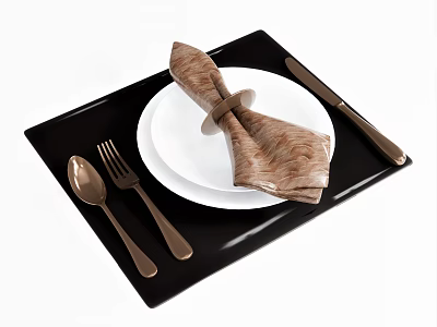 Elegant Dining Set on Black Tray with White Plate Brown Napkin and Knife Fork Spoon 3d model