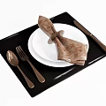Elegant Dining Set on Black Tray with White Plate Brown Napkin and Knife Fork Spoon