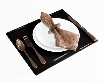Elegant Dining Set on Black Tray with White Plate Brown Napkin and Knife Fork Spoon 3d model