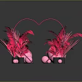 Pink Feather Plants In Heart Shaped Frame With Pink Spheres And Black Base