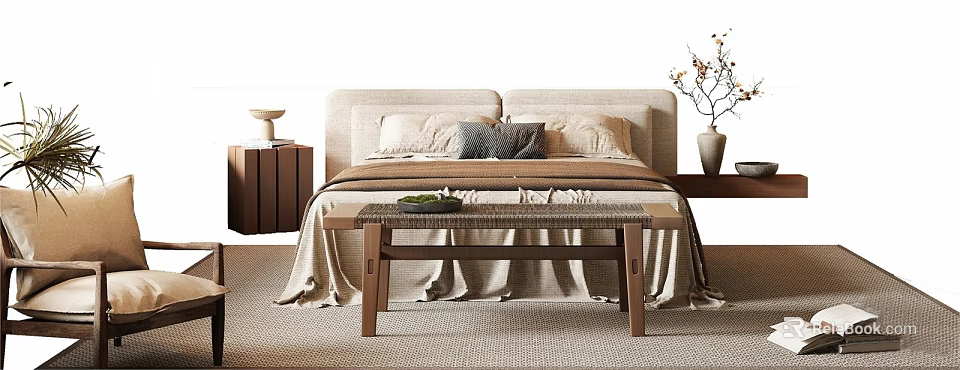 Beige Double Bed With Soft Headboard Pillows Wooden Bench And Bedside Table 3d model 