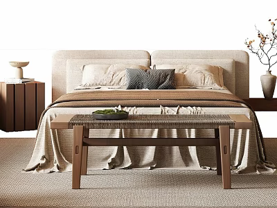 Beige Double Bed With Soft Headboard Pillows Wooden Bench And Bedside Table 3d model