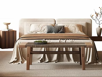 Quiet double bed, wind double bed, fabric double bed, single chair, bed end stool, ornaments 3d model