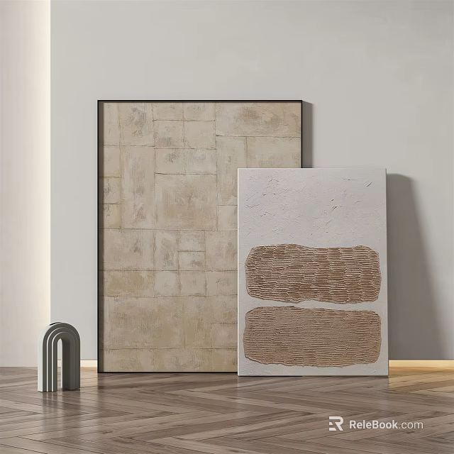 Abstract Paintings With Beige Square Texture And Brown Wave Pattern On Light Wall 3d model
