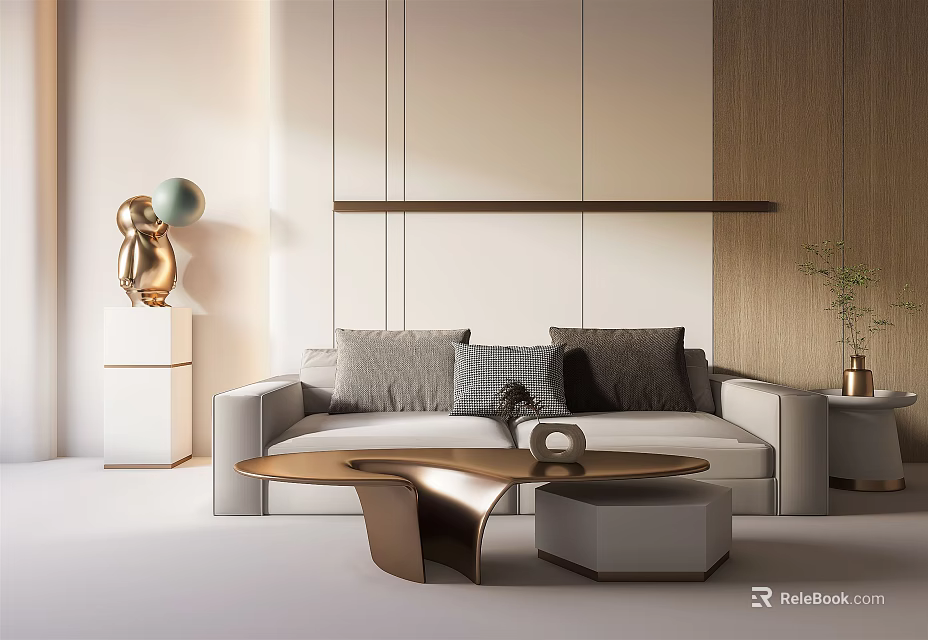 Elegant Modern Light Gray Two-Seater Sofa With Gray Cushions Wooden Wall And Gold Coffee Table 3d model 