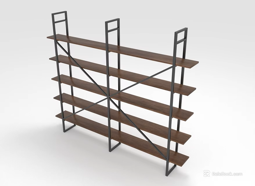 Multi Tiered Wooden Shelf With Black Metal Frame And Open Design 3d model 
