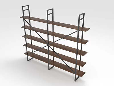 Multi Tiered Wooden Shelf With Black Metal Frame And Open Design 3d model