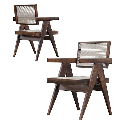 Wooden Dining Chairs with Armrests Woven Backrests Seats and Crossed Legs Design 3d model