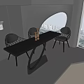 Modern Black Dining Table Set With Wireframe Metal Chairs Curved Base Figurines And Window View