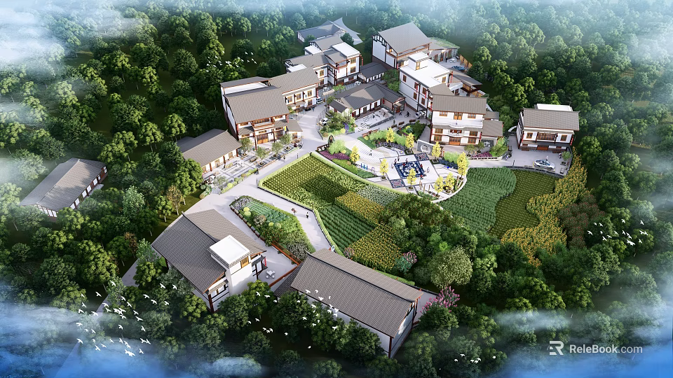 Rural Landscape Featuring Traditional Houses Surrounded By Green Trees Central Courtyard Gardens And Farmland 3d model 