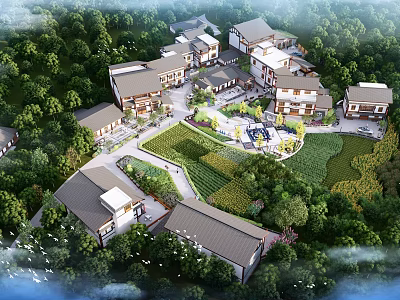 Rural Landscape Featuring Traditional Houses Surrounded By Green Trees Central Courtyard Gardens And Farmland 3d model