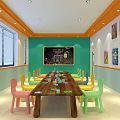 School Classroom With Blue White Walls Round Tables Purple Lavender And Circular Windows