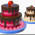 Delicious Layer Cakes with Chocolate Drizzle Strawberry Blueberry Toppings Pink Cream Borders on Blue Platters