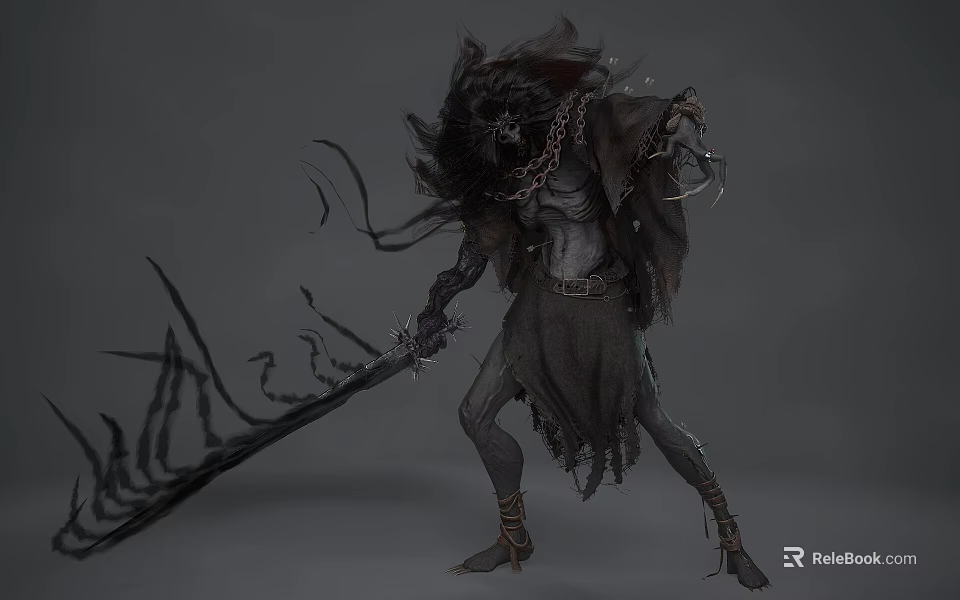 Detailed Monster Sculpture With Chains Tattered Clothing And Spear Like Weapon 3d model 
