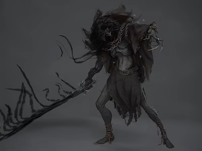 Detailed Monster Sculpture With Chains Tattered Clothing And Spear Like Weapon 3d model