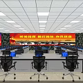 Military Monitoring Room Featuring Neatly Arranged Control Consoles Blue Screens and Strategic Wall Banners