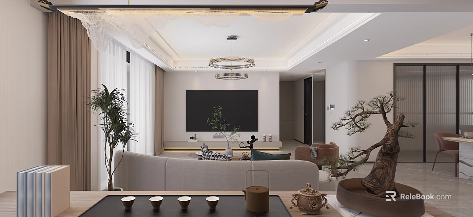 Modern Living And Dining Room Interior With Sofa TV Backdrop Chandelier And Green Plants 3d model 