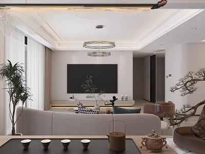 Modern Living And Dining Room Interior With Sofa TV Backdrop Chandelier And Green Plants 3d model