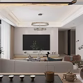 Modern Living And Dining Room Interior With Sofa TV Backdrop Chandelier And Green Plants