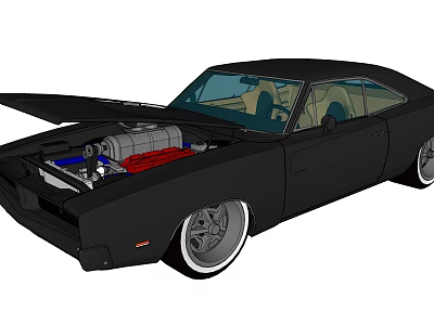 Black Classic Muscle Car With Open Hood Showing Engine And Custom Wheels 3d model