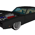 Black Classic Muscle Car With Open Hood Showing Engine And Custom Wheels