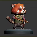 Red Panda Figurine Wearing Green Outfit Holding Instrument On Base With Green Grass Yellow Flowers