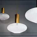 White Striped Pendant Lights with Golden Top on Dark Blue Wall and Decorative Molding