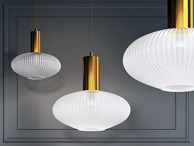 White Striped Pendant Lights with Golden Top on Dark Blue Wall and Decorative Molding 3d model