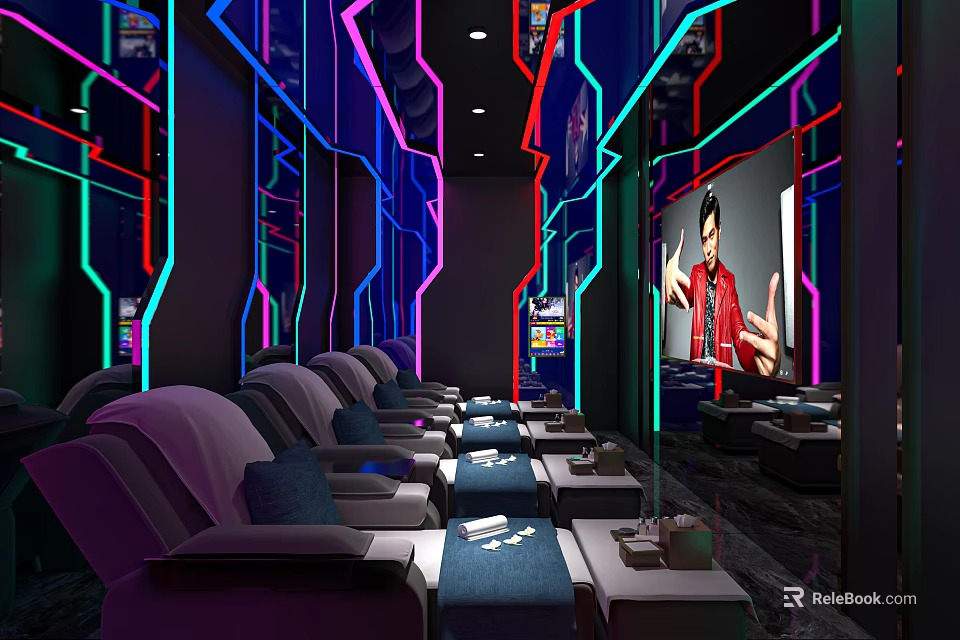 Relaxing Modern SPA Sauna Interior With Neon Lights And Comfortable Lounge Seats 3d model 
